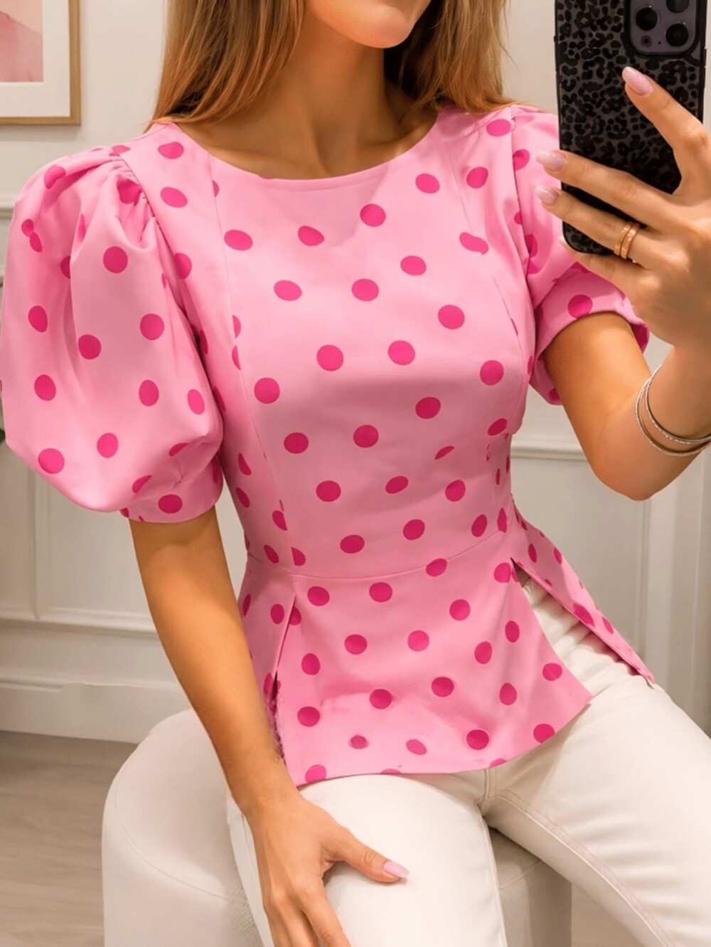 Pink Polka Dot Round Neck Puff Sleeve Waist-Cinching Cropped Backless Top, - Picture 6 of 8